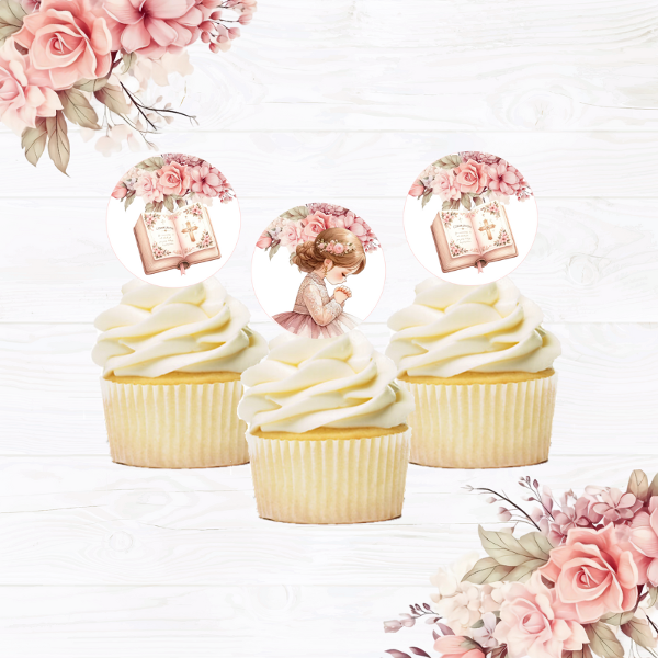 Producto - Topper Cupcake x 10 "Mi Comunión" Flores Rosa retro