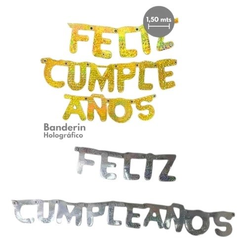 Producto - Banderín feliz cumpleaños holográfico dorado o plateado