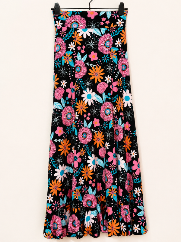 Producto - Falda seda fría estampada negro fucsia M