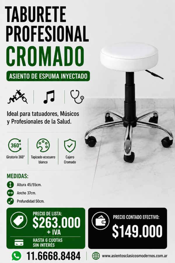 Producto - TABURETE PROFESIONAL CROMADO, Ideal Tatuadores, Personal de Salud!!