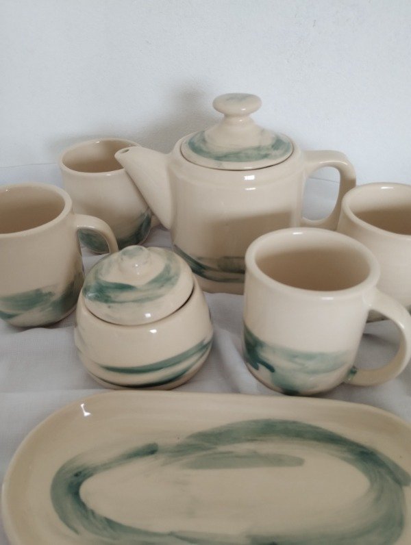 Producto - Juego de café/té pinceladas azul petróleo