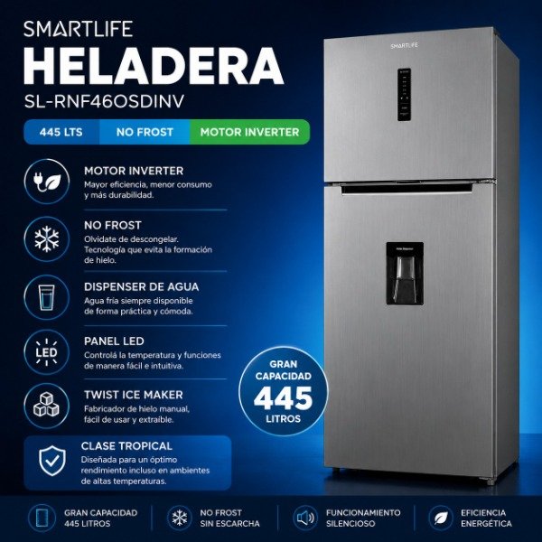 Producto - HELADERA SMARTLIFE 445 LTS NO FROST INVERTER CON DISPENSER - SILVER