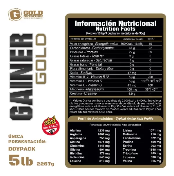 Producto - MUSCLE MASS GAINER GOLD NUTRITION DOY PACK 5LBS - 5
