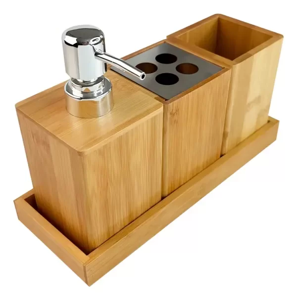 Producto - Set Accesorios De Baño De Bambú Dispenser Jabón Porta Cepillos Vaso Bandeja