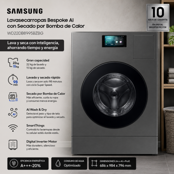 Producto - LAVASECARROPAS SAMSUNG  22/15KG WD22DB8995BZBG ECOBUBBLE-SILVER