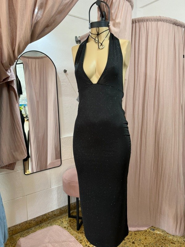 Producto - VESTIDO BRILLO LARGO C/ LAZO EN CUELLO