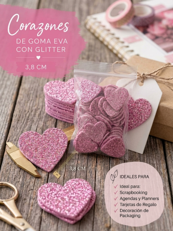 Producto - Corazones Goma Eva ROSA GLITTER