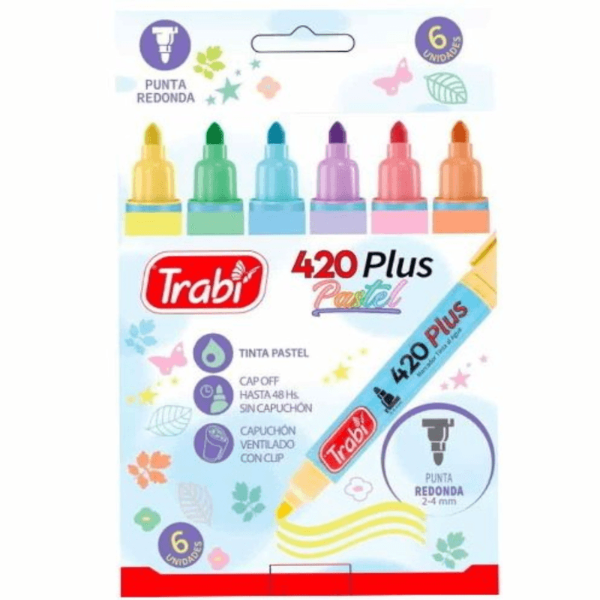 Producto - Marcador al agua Trabi 420 plus punta redonda colores pastel x 6