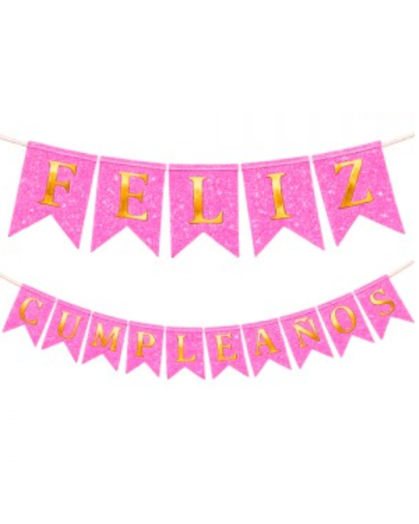 Producto - Banderin FELIZ CUMPLEAÑOS c/gliter Rosa