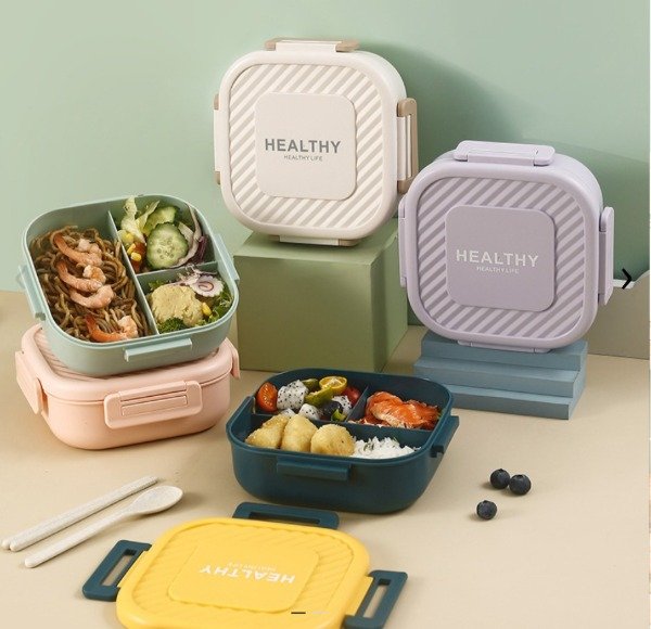 Producto - Lunchera cuadrada healthy con divisiones y cubiertos