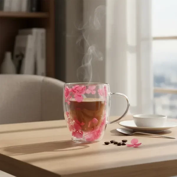 Producto - Tazas De Vidrio Doble Pared 250ml y 350ml Con Asa Con Flores Rosa