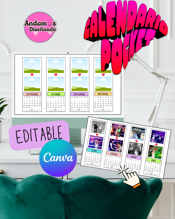 Producto - CALENDARIO POCKET MENSUAL. Plantillas editable CANVA