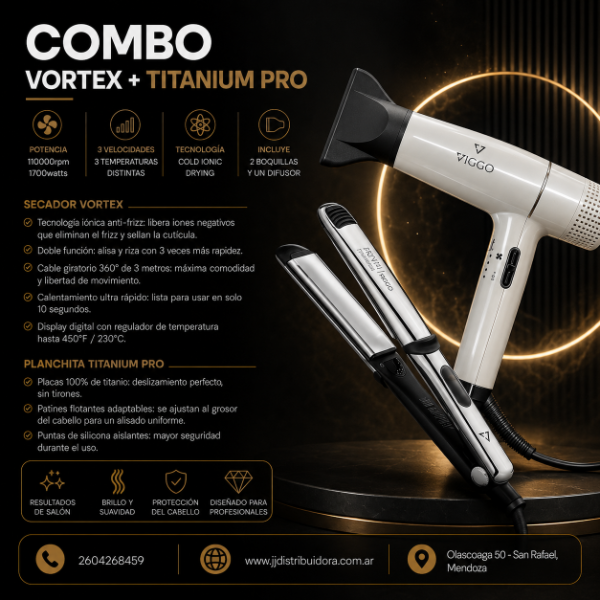 Producto - Secador VIGGO VORTEX + Planchita VIGGO TITANIUM PRO