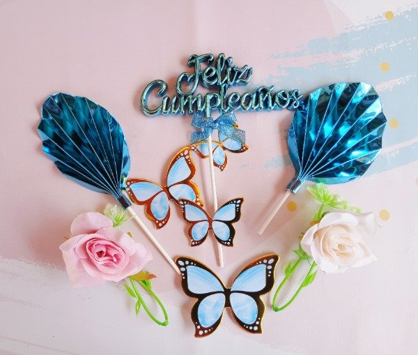 Producto - Set feliz cumple + hojas de palma  celeste/ turquesa