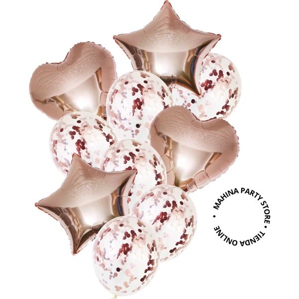 Producto - Set globos estrellas y corazones rose gold confetti x 14