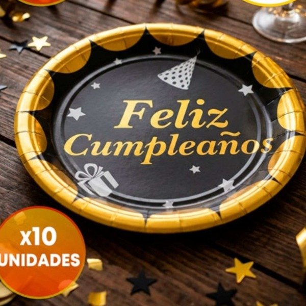 Producto - Plato polipapel feliz cumpleaños negro con dorado