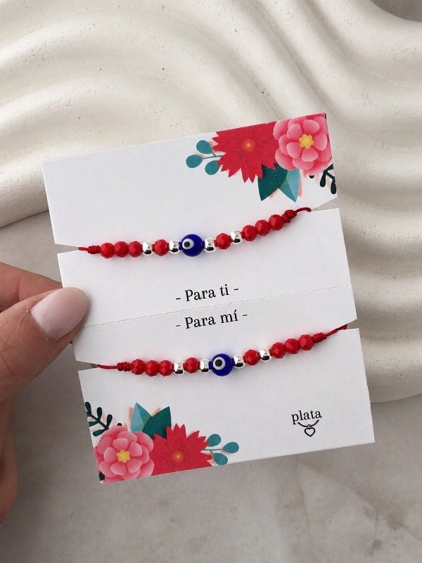 Producto - SET 2 PULSERAS REGULABLES BOLITAS DE PLATA Y CRISTALES OJO TURCO 0010