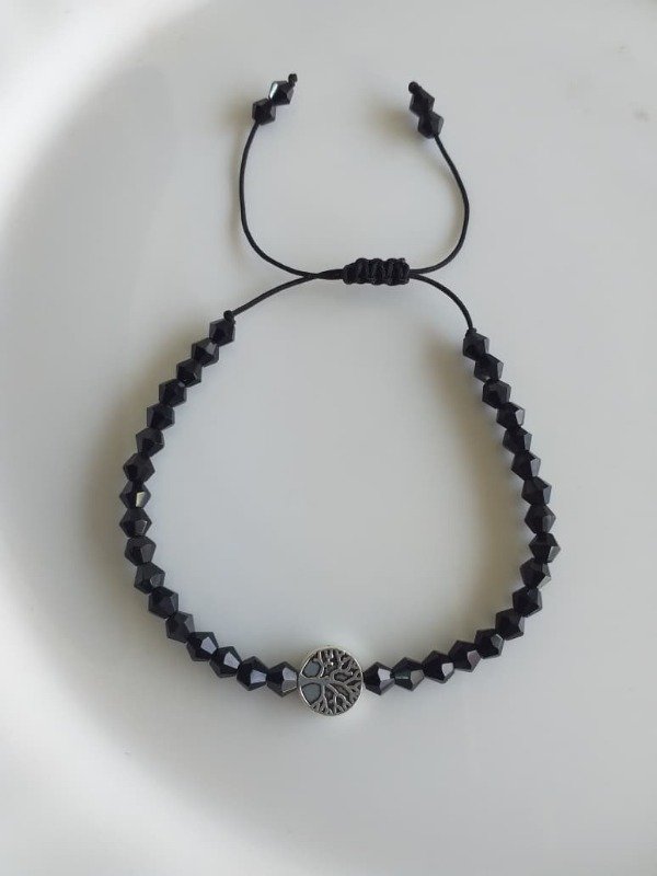 Producto - AQP0145 Pulsera Hilo Cristal Negro Dije Árbol de la Vida Ajustable