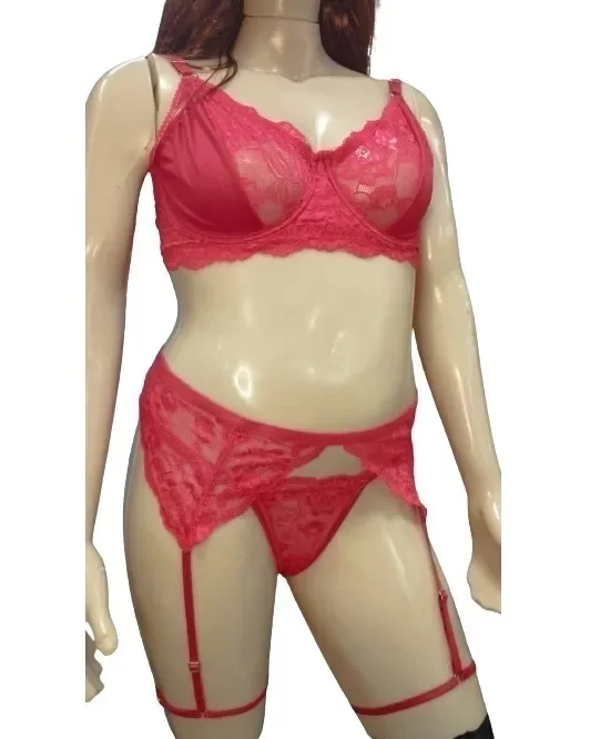Producto - Conjunto Lenceria de Encaje 3 Piezas Corpiño Tanga Portaliga Plus Size - 1