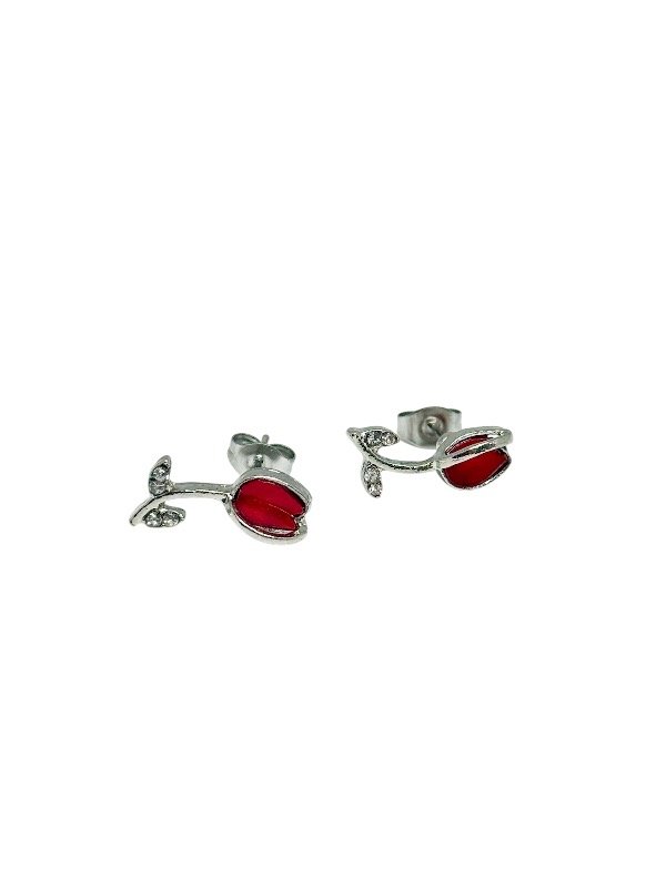 Producto - Aritos acero quirúrgico tulipán rojo con strass