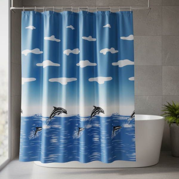 Producto - Cortina para Baño de Raso Teflonada Estampada + Ganchos "Delfines"