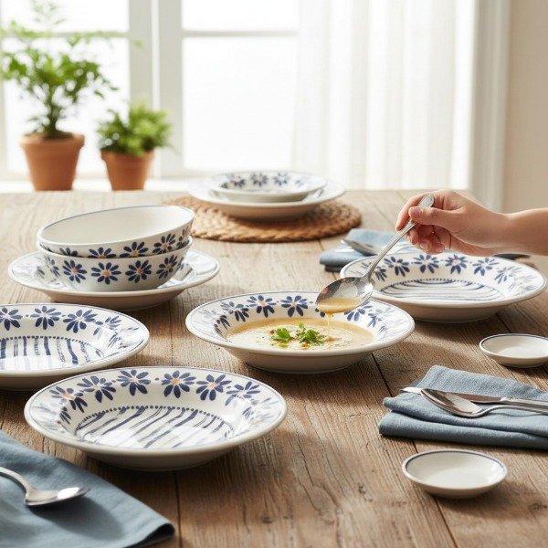 Producto - SET DE 4 PLATOS PLAYOS Y 4 HONDOS MARGARITAS Y RAYAS AZULES DE CERAMICA EN CAJA
