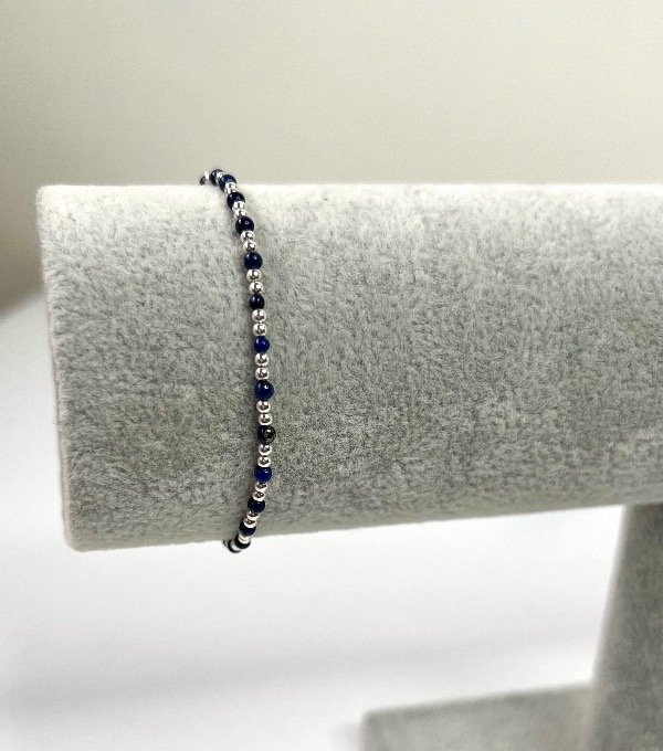 Producto - Pulsera elástica piedras naturales lapislázuli y bolitas de plata