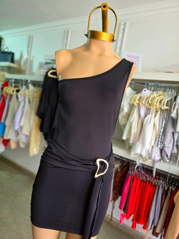 Producto - VESTIDO UN HOMBRO HEBILLA DORADA NEGRO