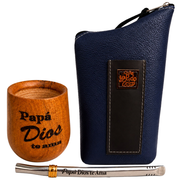 Producto - KIT PAPÁ 9: MATE DE MADERA + YERBERO ECO CUERO + BOMBILLA CON GRABADO (X1 SET)