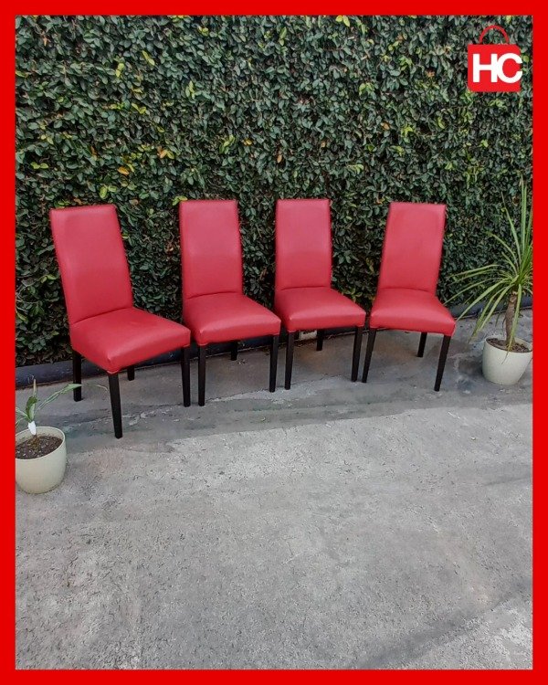 Producto - Juego de 4 sillas de comedor modernas tapizadas en ecocuero rojo patas negras - 2