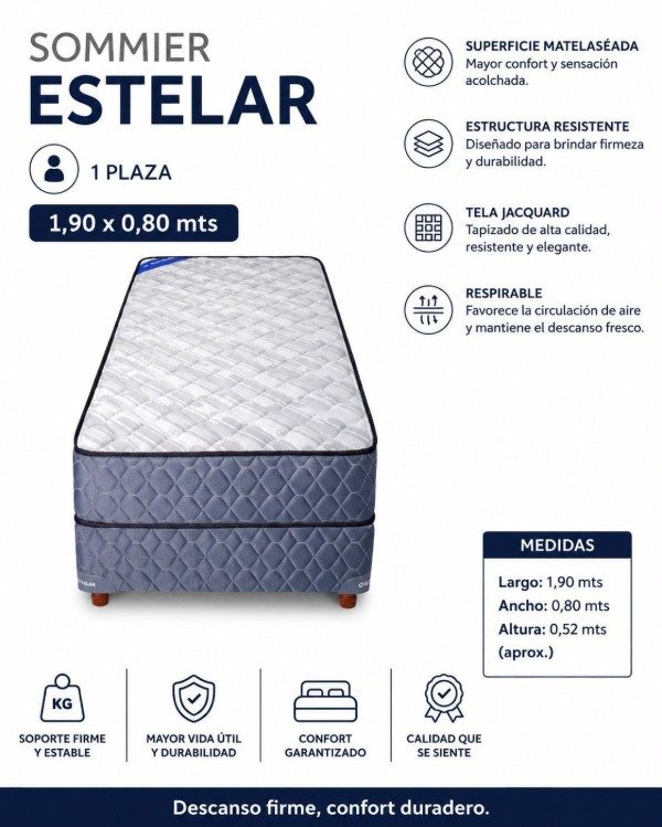 Producto - CONJUNTO ESTELAR SOMMIER + COLCHÓN ALYA 190 X 80 + 1 ALMOHADA DE REGALO