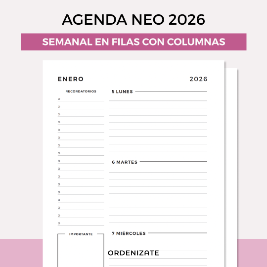 Producto - AGENDA NEO 2026 (semanal en filas con columnas)
