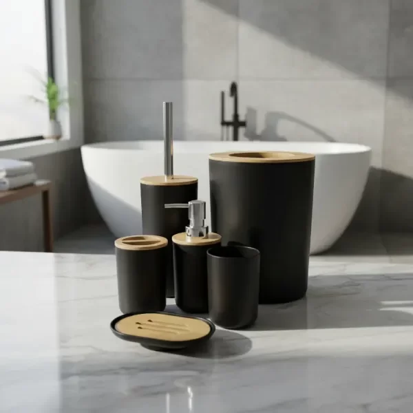 Producto - SET DE BAÑO DELUXE PLASTICO Y BAMBU 6 PIEZAS