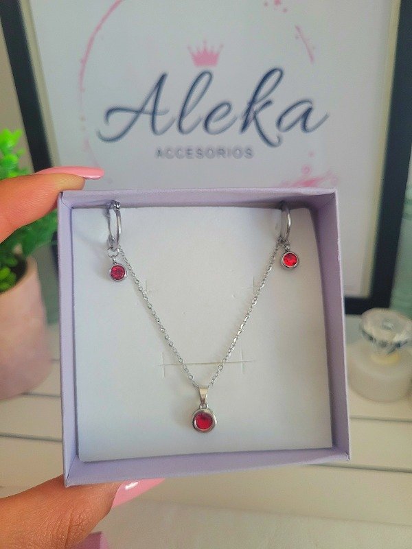 Producto - Conjunto collar y argollas cubic redondo rojo de acero quirúrgico - 0