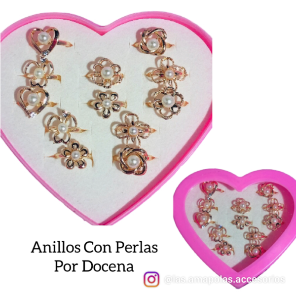 Producto - caja de anillos infantiles regulables con perlas x 12