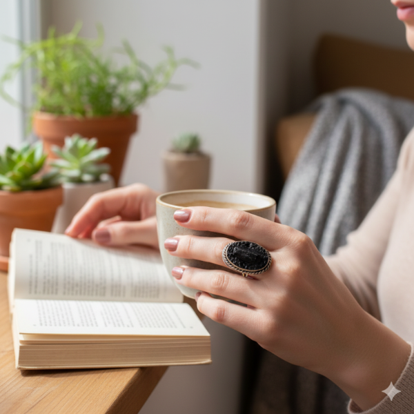 Producto - Anillo de Alpaca Regulable- Turmalina Negra