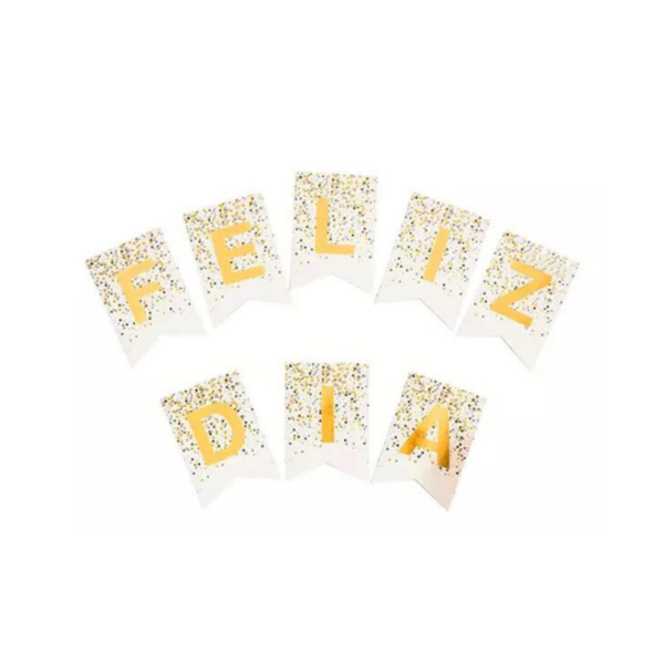 Producto - Banderin stamping FELIZ DIA color blanco con confetti letra dorada