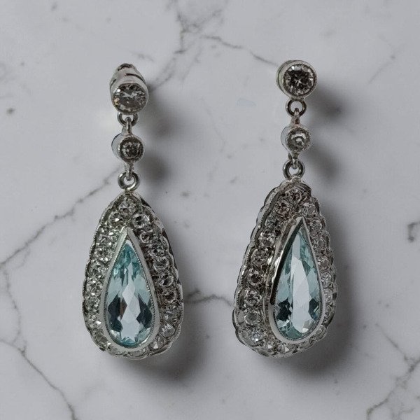 Producto - Aros Art Deco platino , brillantes y agua marina - 0