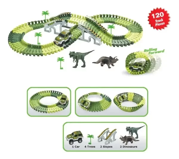 Producto - Magic Cars Pista Flexible Dino Track Dinosaurios 120 Piezas Color Verde