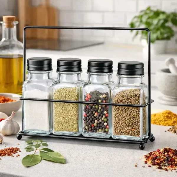 Producto - SET DE 4 ESCPEICEROS DE VIDRIO CON SOPORTE DE METAL 18X14X5CM - 1