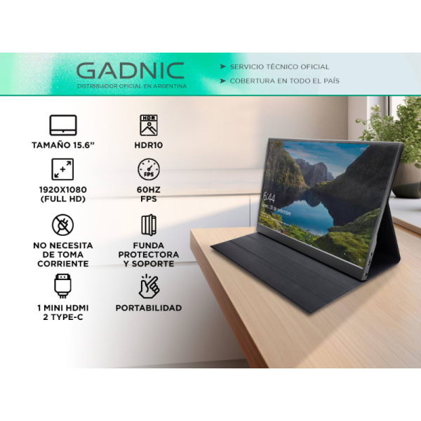 Producto - Monitor portatil 15.6" Full HD IPS -60Hz -1 miniHDMI + 2 type-C -c/funda soporte