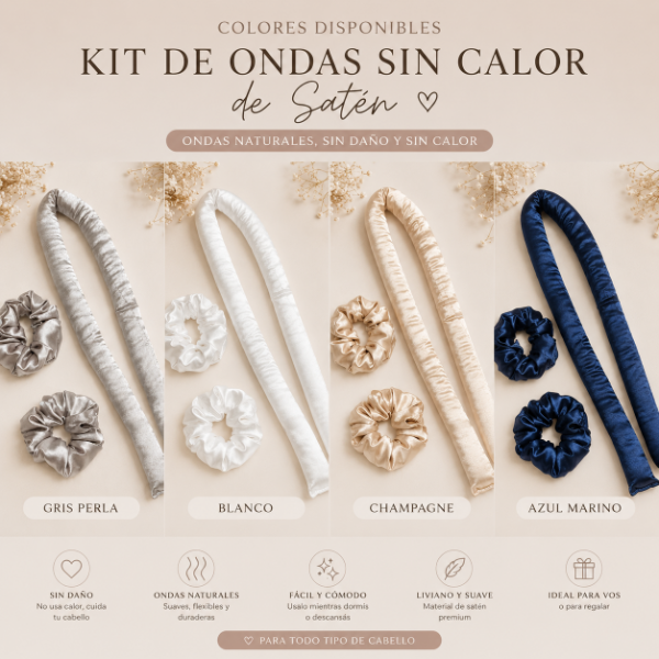 Producto - Kit de Ondas Sin Calor de Satén - Rizador para Dormir Más 2 Scrunchies - 2