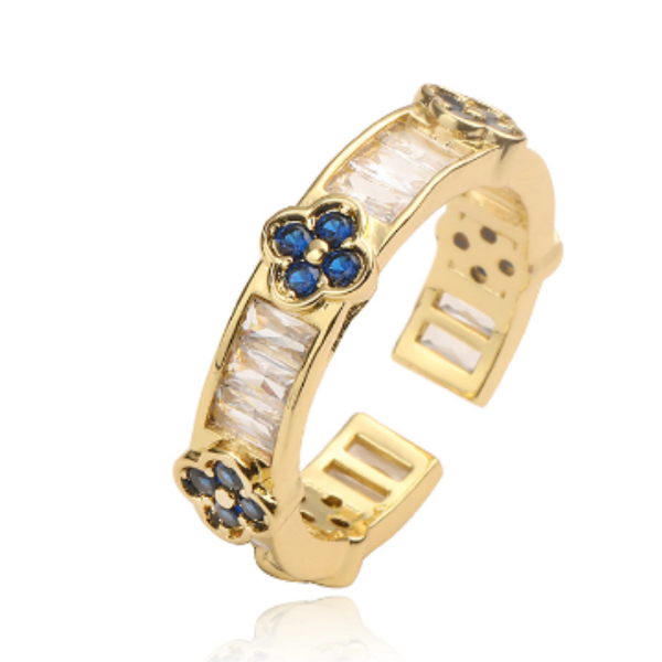 Producto - Anillo regulable cristales trébol azul en cobre enchapado en oro