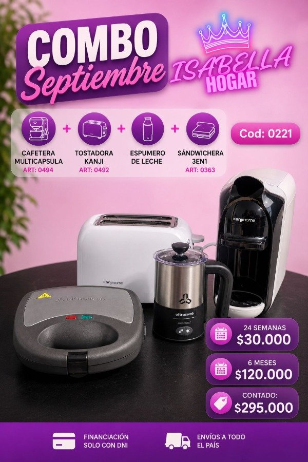 Producto - combo cafetera multicapsula + espumero+ tostadora+ sandwichera 3en1