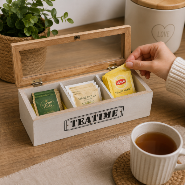 Producto - Caja para Té de Madera con Tapa de Vidrio x 3 Compartimentos
