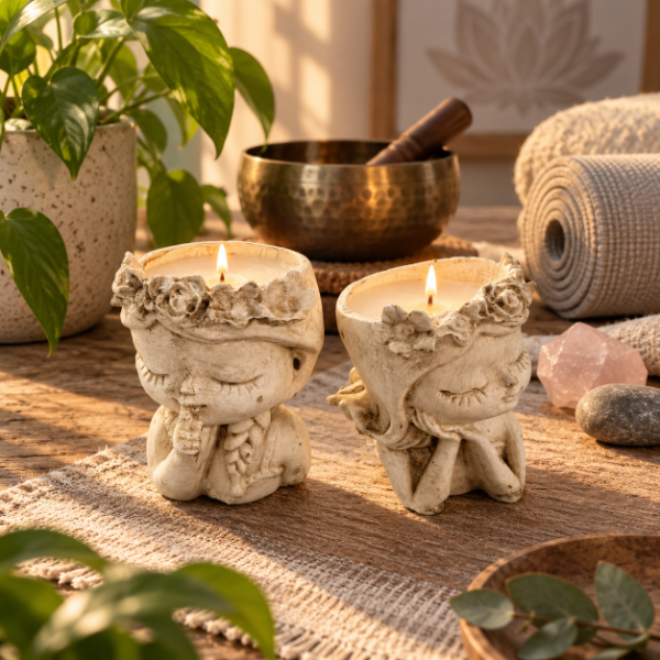 Producto - SET DE 2 VELAS PORTAVELA CALMA Y SILENCIO DE YESO PATINADO 10CM X 7CM
