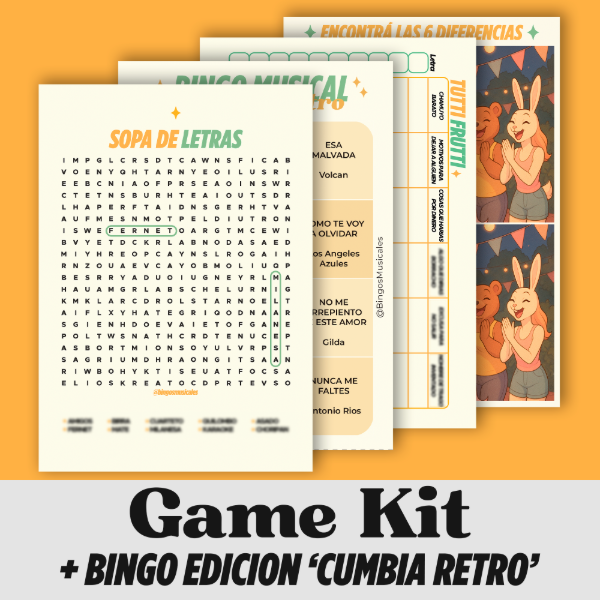 Producto - GAME KIT (Pack de 4 Juegos Grupales con 'Bingo Express Cumbia Retro')