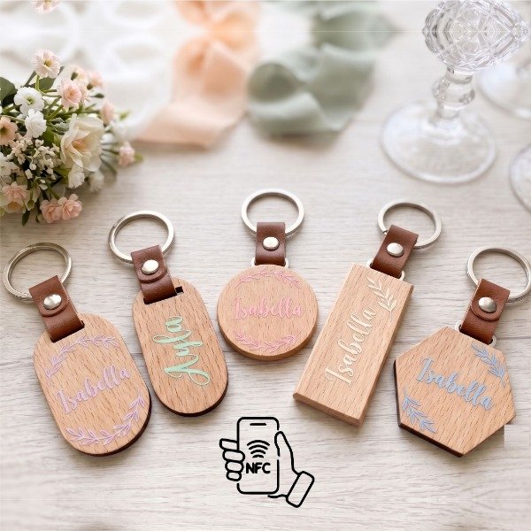 Producto - Marca Sitio Llavero color de Madera Y Eco cuero NFC