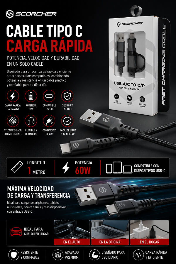 Producto - Cable Tipo-C Scorcher 1M 60W con Adaptador