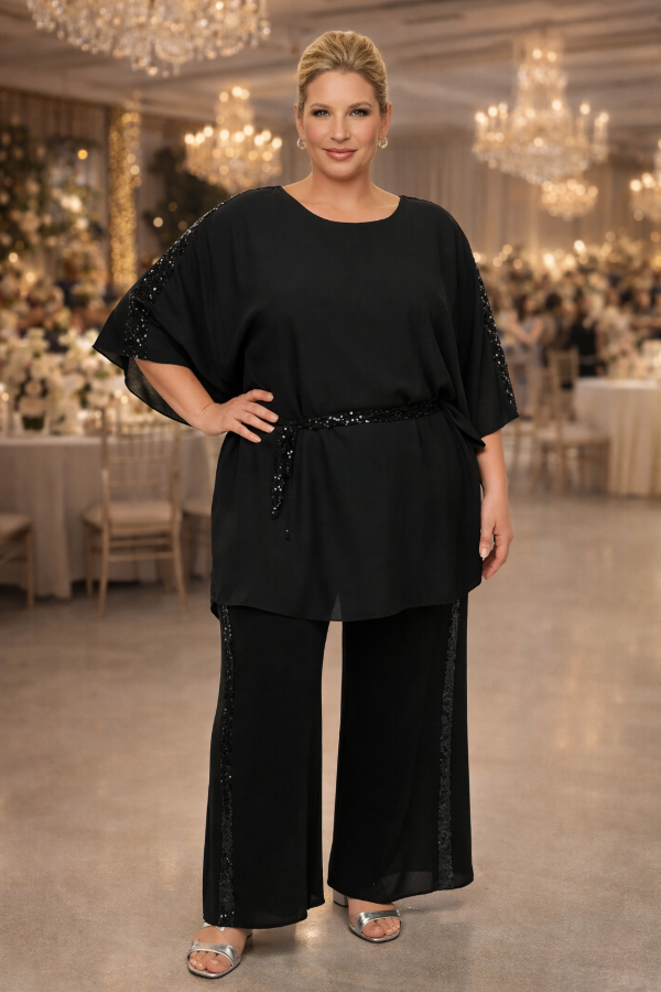 Producto - Conjunto Grecia Tunica Gasa Cinto Desmontable y Palazzo Brillo Lateral XL-XXL